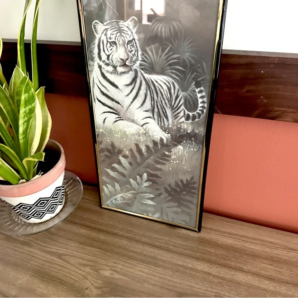 White Tiger in a Forest Art Framed Wall Art Vintage Asian Style 8x20” Home Decor
